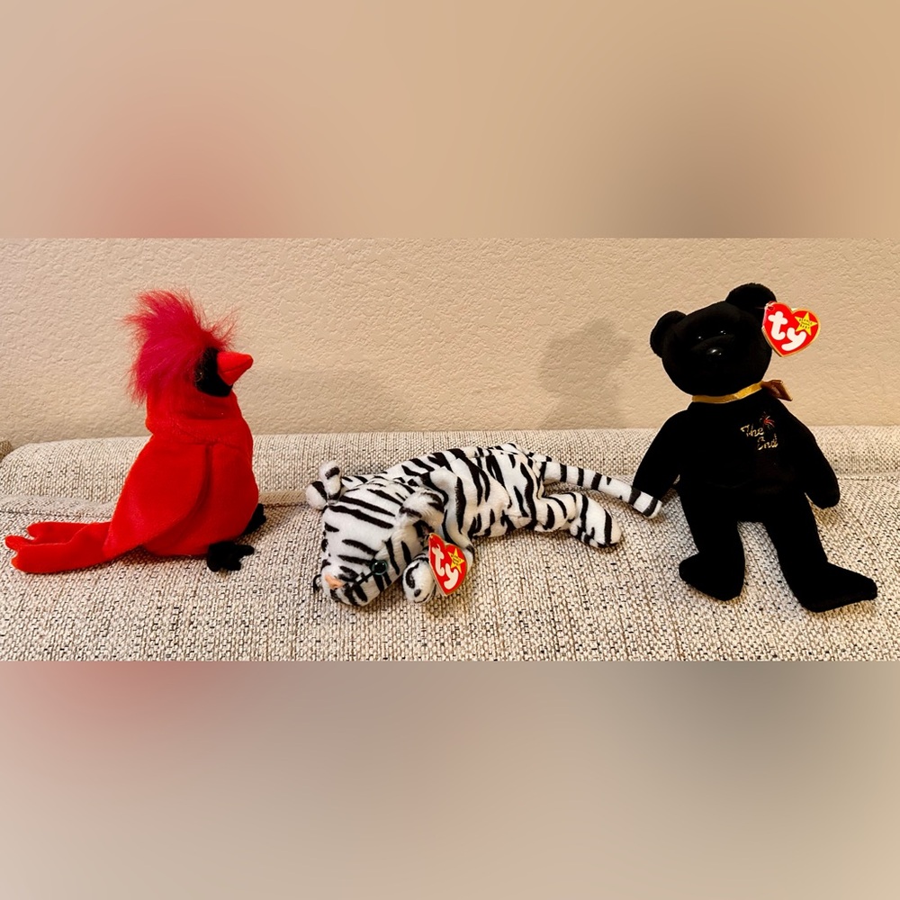 TY Beanie Babies, Mac the Cardinal, The End Bear, Blizzard The White Tiger